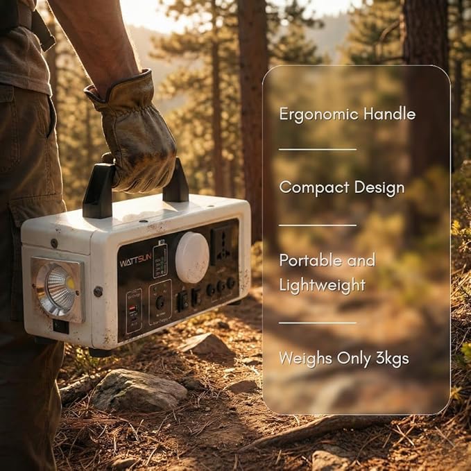 Wattsun 450 WATT Portable Power Station | Inbuilt 296 WH Li-Battery | 6 Output Ports | Weight 3 kg | IP 32 Water Protection | 3 years Warranty | Inbuilt 15W LED Light | For Outdoor Activities & Home